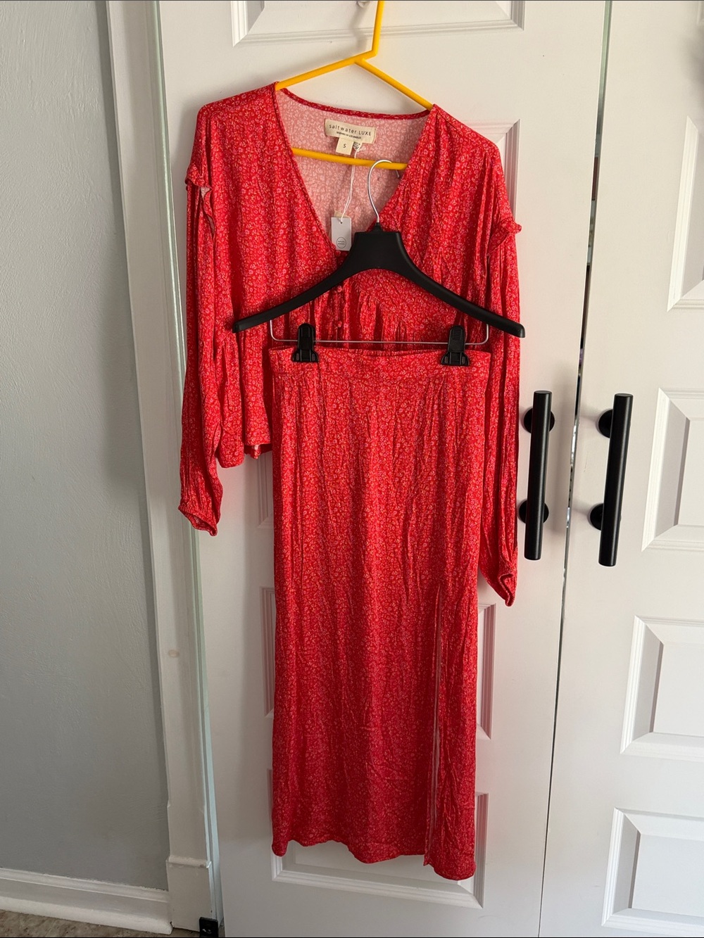 Anthro Saltwater LUXE Red‎ Floral Two-Piece Skirt Set small